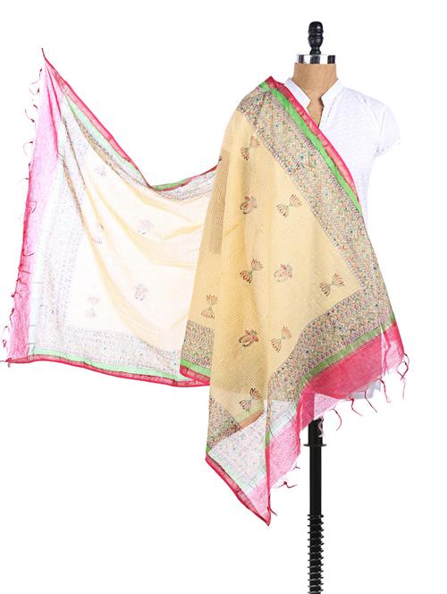 beige chanderi silk madhubani print dupatta - 968443 - Very Small Image - 1