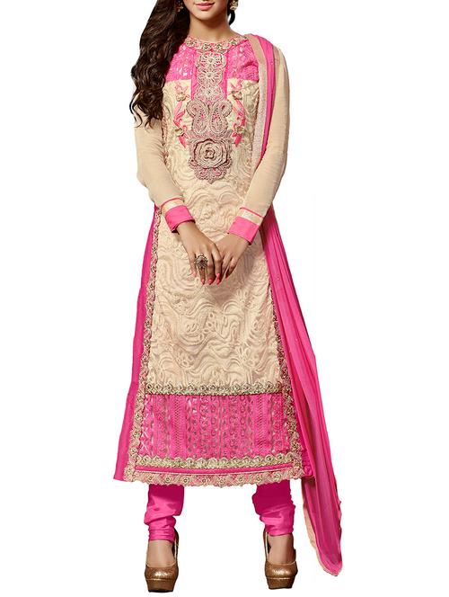 cream and pink unstitched suit set - 9685899 - Very Small Image - 1