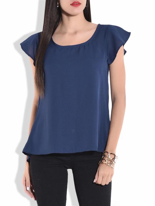 navy blue cap sleeved asymmetrical top - 9686078 - Very Small Image - 1