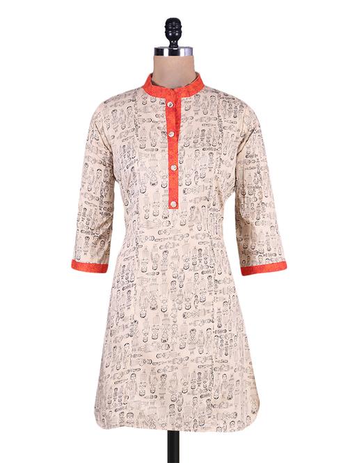 Beige Doll Printed Cotton Kurta - 9687348 - Very Small Image - 1