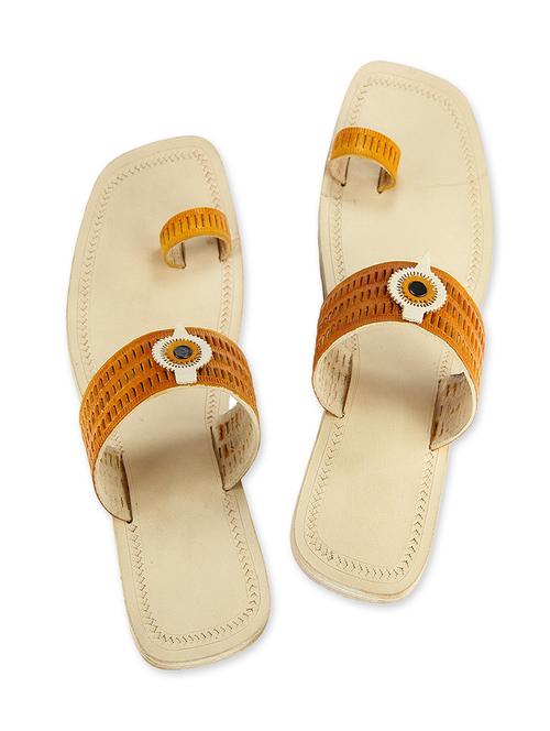 mustard leather kolhapuri slides - 9687458 - Very Small Image - 1