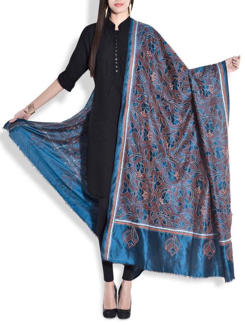 blue silk dupatta with reversed kantha work - 9690160 - Very Small Image - 1