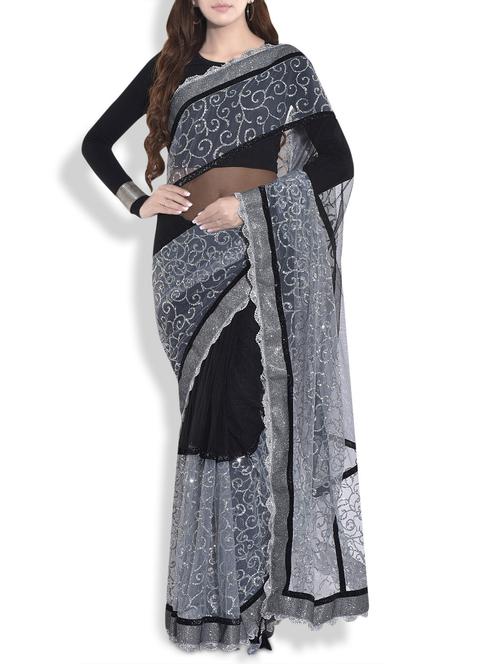 black and silver heavy worked net saree - 9692125 - Very Small Image - 1