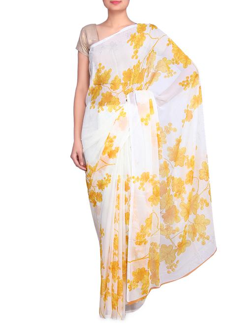white printed chiffon saree - 9694780 - Very Small Image - 1