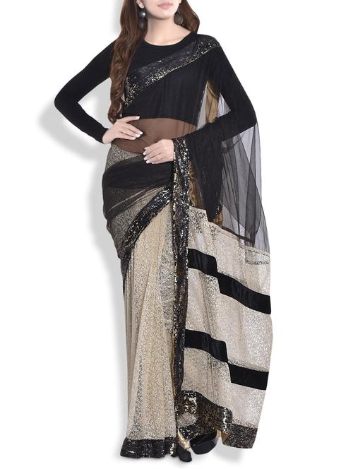 gold and black net saree with sequined border - 9697309 - Very Small Image - 1