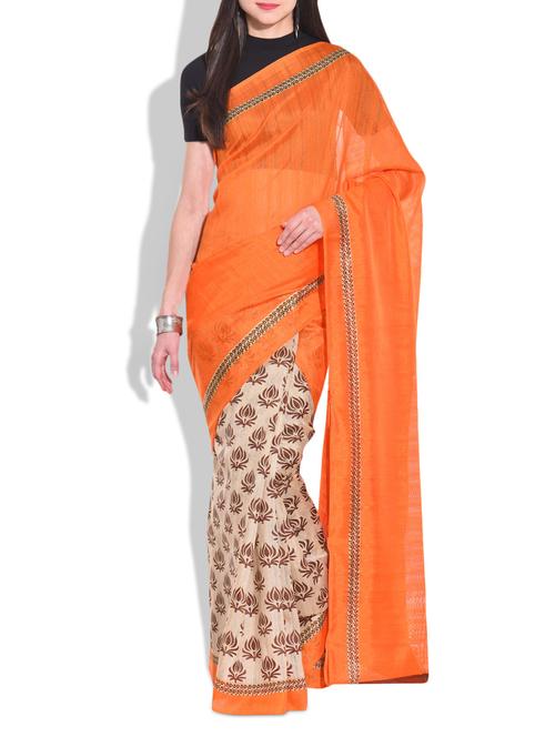 orange and beige printed silk saree - 9699220 - Very Small Image - 1