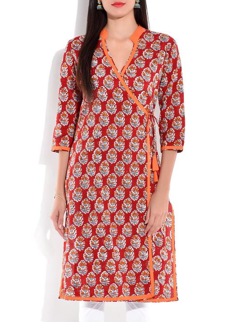 red printed cotton angrakha kurta - 9701515 - Very Small Image - 1