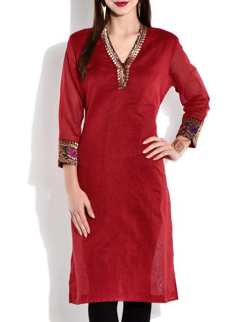 red zari-detailed chanderi silk kurta - 9701531 - Very Small Image - 1
