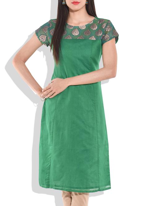 green chanderi silk kurta with brocade yoke - 9701532 - Very Small Image - 1