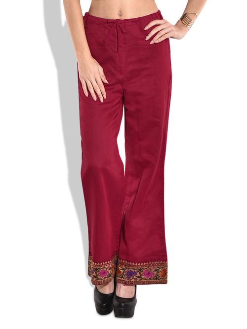 red chanderi silk palazzos with zari border - 9701540 - Very Small Image - 1