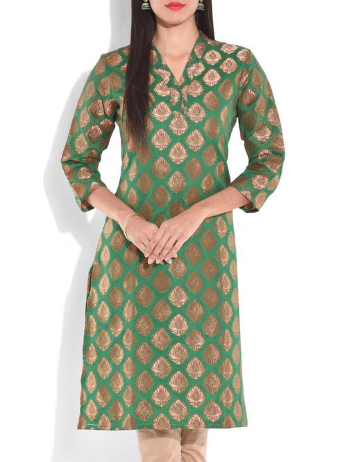 green chanderi brocade kurti - 9701548 - Very Small Image - 1