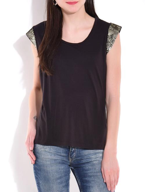 black with silver viscose jersey cap sleeved top - 9701988 - Very Small Image - 1