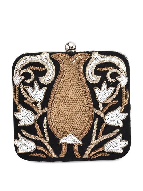 black gold zari embroidered square clutch - 9703717 - Very Small Image - 1