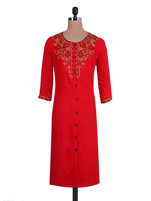 red rayon embroidered kurta - 9705120 - Very Small Image - 1