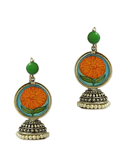 Antique silver hand painted jhumkas - 9705445 - Very Small Image - 1