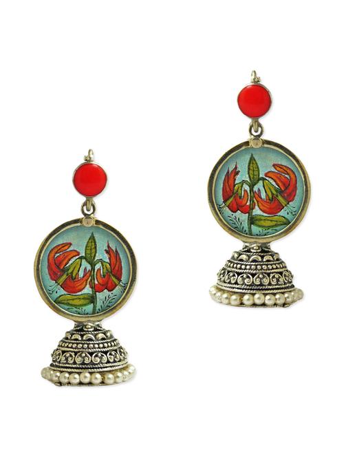 Antique silver hand painted jhumkas - 9705463 - Very Small Image - 1