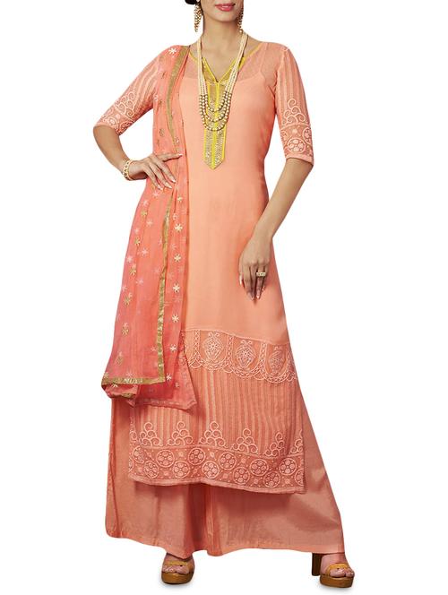 peach embroidered georgette semistitched suit set - 9707329 - Very Small Image - 1
