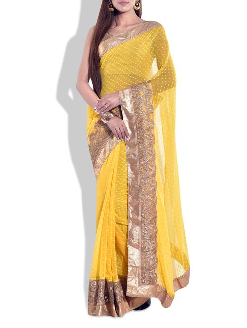 yellow embroidered saree with gold border - 9708011 - Very Small Image - 1