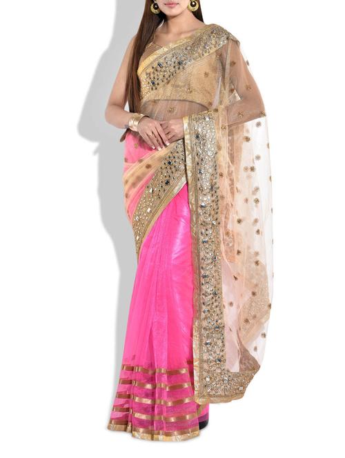 pink and beige mirror embroidered net saree - 9708012 - Very Small Image - 1