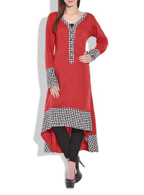 red printed rayon asymmetrical anarkali kurta - 9711407 - Very Small Image - 1