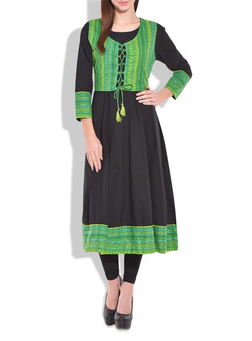 black printed cotton anarkali kurta with jacket - 9711446 - Very Small Image - 1