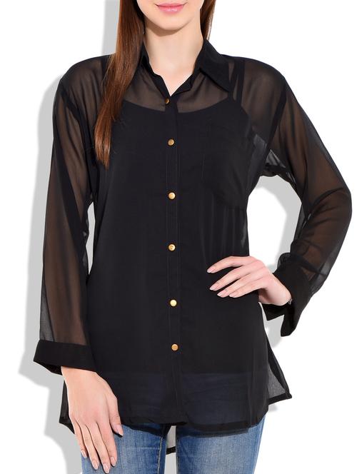 black plain georgette front buton top - 9711970 - Very Small Image - 1