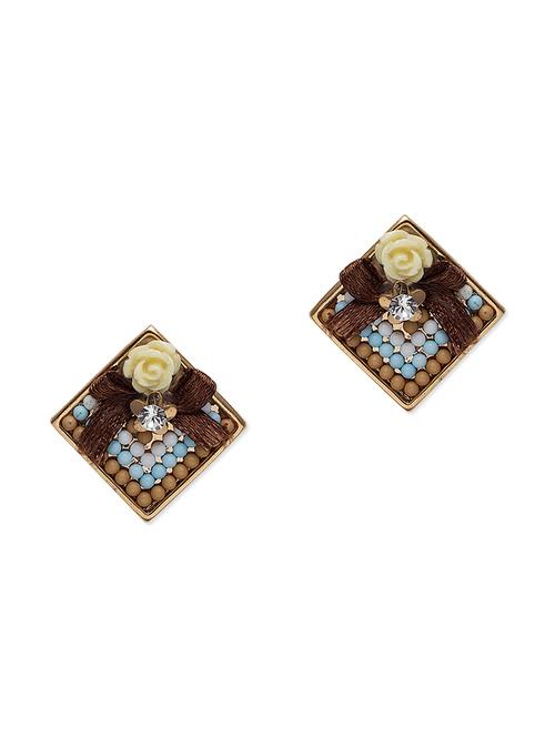 floral with bow embellished square stud earrings - 971357 - Very Small Image - 1