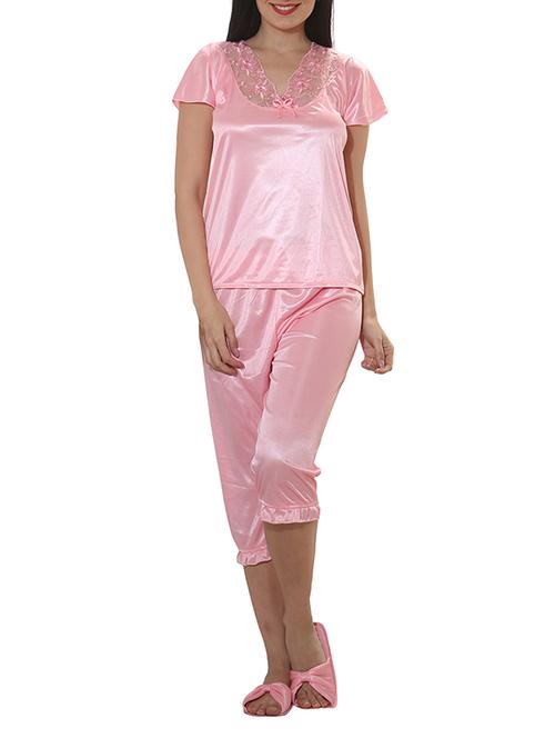solid pink satin nightsuit set - 9719158 - Very Small Image - 1