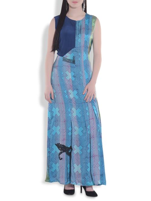 blue printed pleated maxi dress - 9720077 - Very Small Image - 1