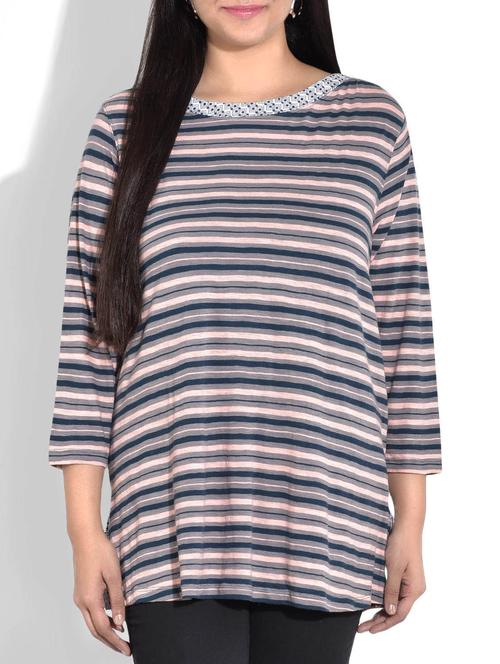 grey stripped printed cotton knit top - 9723388 - Very Small Image - 1