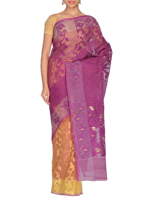 purple and beige cotton net jamdani handwoven sari - 9723906 - Very Small Image - 1