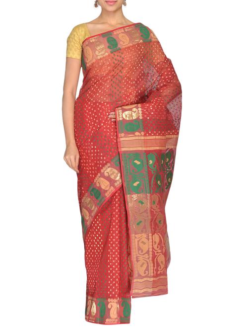 red cotton net jamdani handwoven sari - 9723908 - Very Small Image - 1