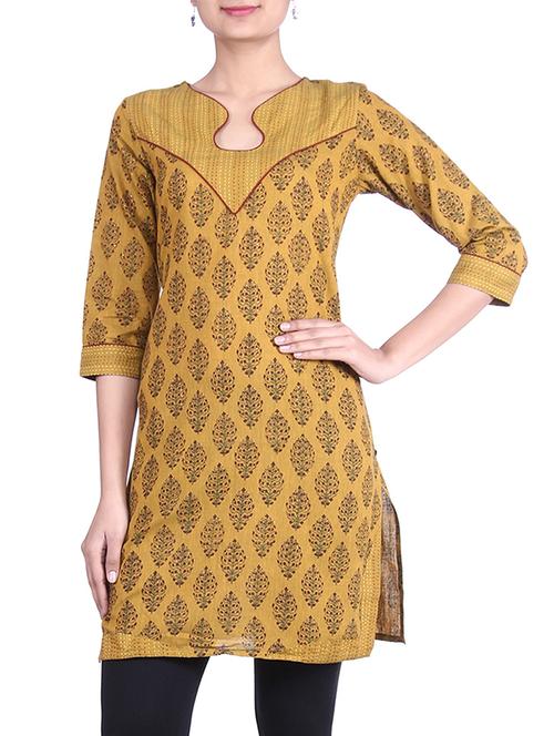 yellow cotton straight kurta - 9738263 - Very Small Image - 1