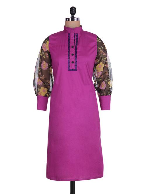 purple floral printed sleeved cotton lycra kurta - 9739714 - Very Small Image - 1