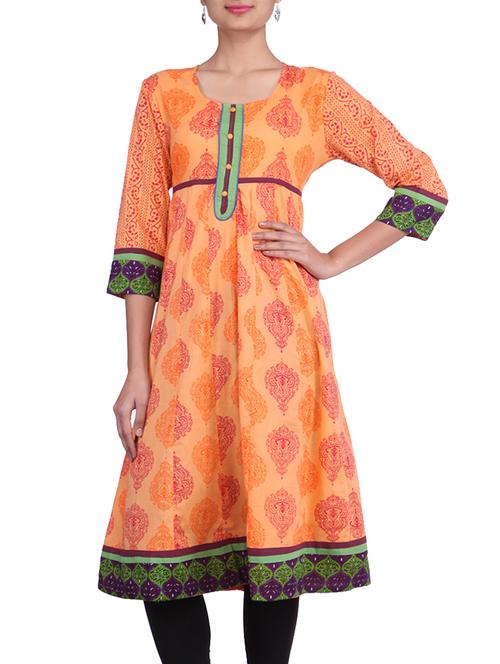 printed orange cotton kurta - 9742022 - Very Small Image - 1