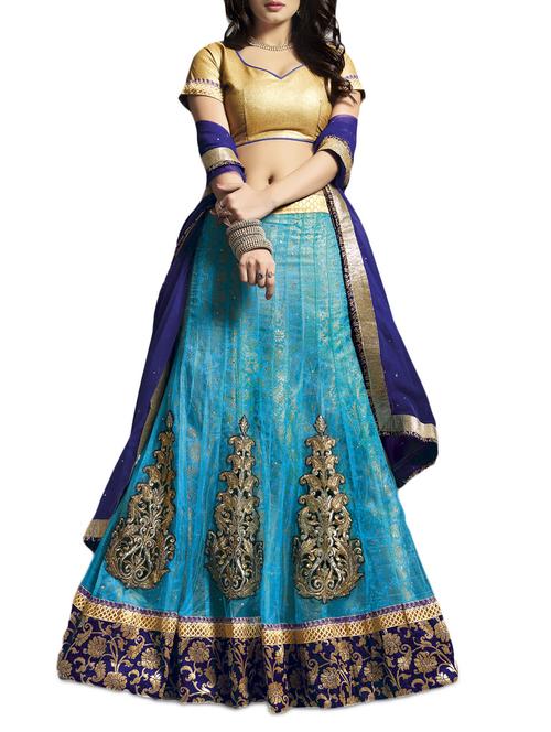 azure embroidered net lehenga with nazmin dupatta - 9744030 - Very Small Image - 1