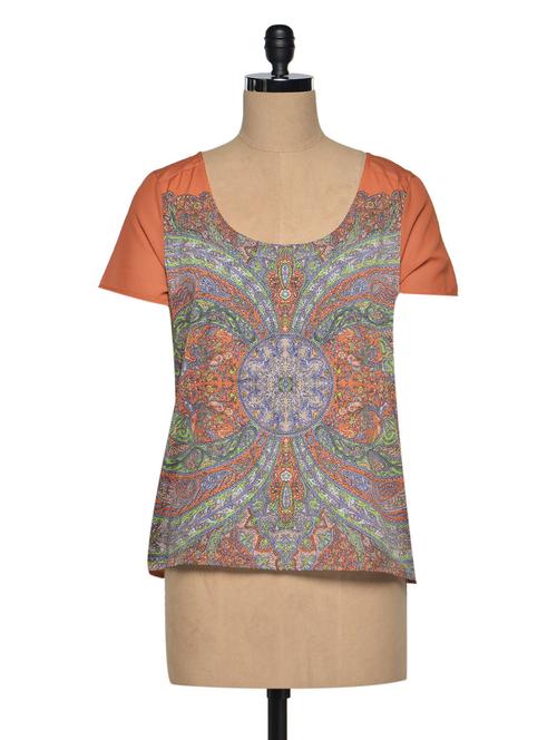 orange printed round neck top - 974979 - Very Small Image - 1