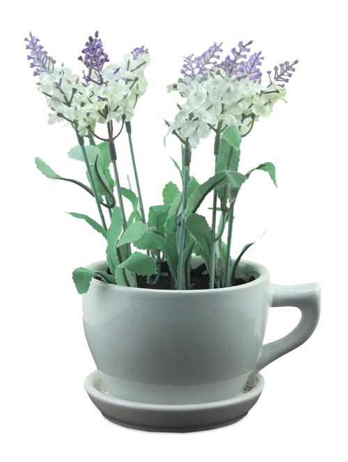 White and Lilac Artificial Flowers In Ceramic Teacup - 975651 - Very Small Image - 1