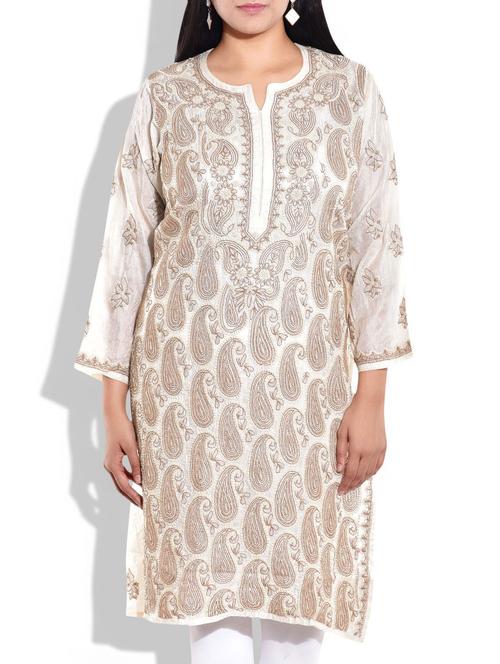 Cream paisley chikankari kurta - 9760646 - Very Small Image - 1