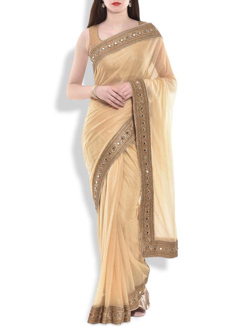 beige net saree with mirror work and beaded border - 9763809 - Very Small Image - 1