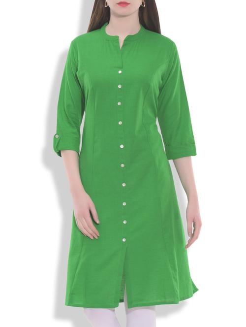 solid green buttoned cotton kurta - 9763857 - Very Small Image - 1