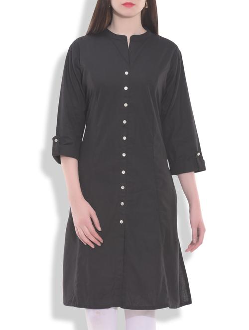 solid black buttoned cotton kurta - 9763859 - Very Small Image - 1
