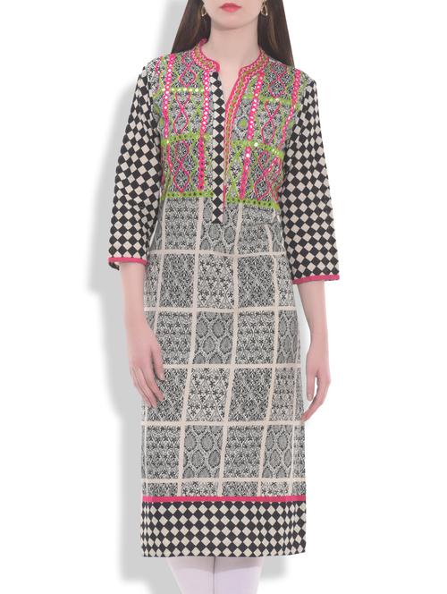 cream printed and embroidered cotton kurta - 9763864 - Very Small Image - 1