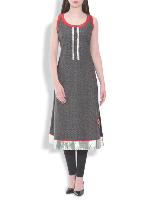 grey floral printed cotton kurta with applique embellishment - 9763870 - Very Small Image - 1