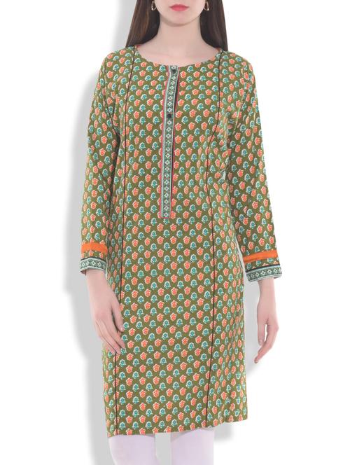 green floral printed buttoned cotton kurta - 9763875 - Very Small Image - 1