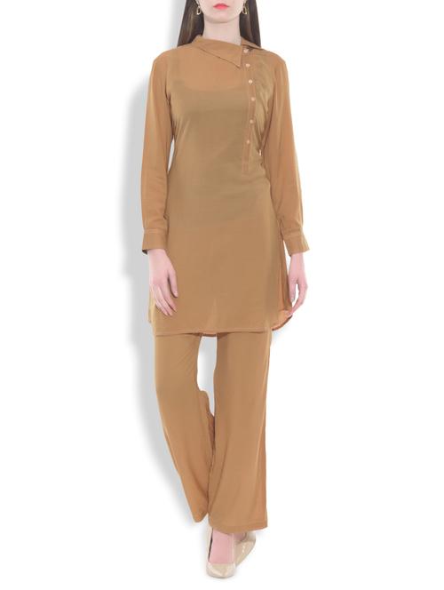 solid mustard poly cotton kurta with bottom set - 9763876 - Very Small Image - 1