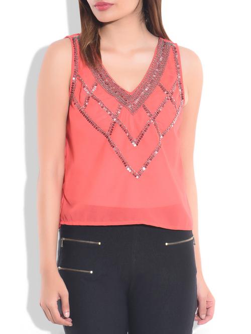 red poly georgette embellished top - 9775724 - Very Small Image - 1