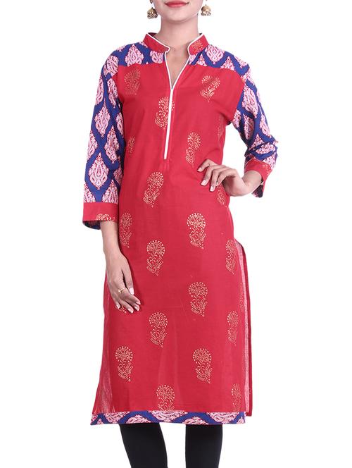 Red cotton printed A-line Kurta - 9778016 - Very Small Image - 1