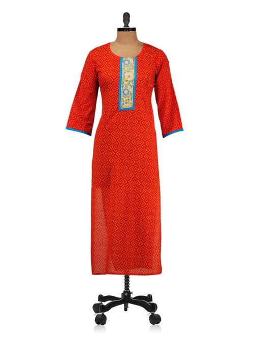 Printed Orange Color Cotton Kurta - 977866 - Very Small Image - 1