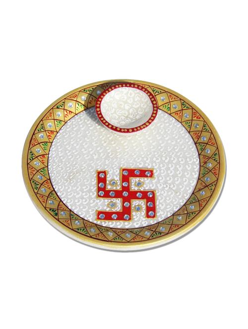 handicrafts paradise marble golden puja/pooja thali hpmr15079 - 9779226 - Very Small Image - 1